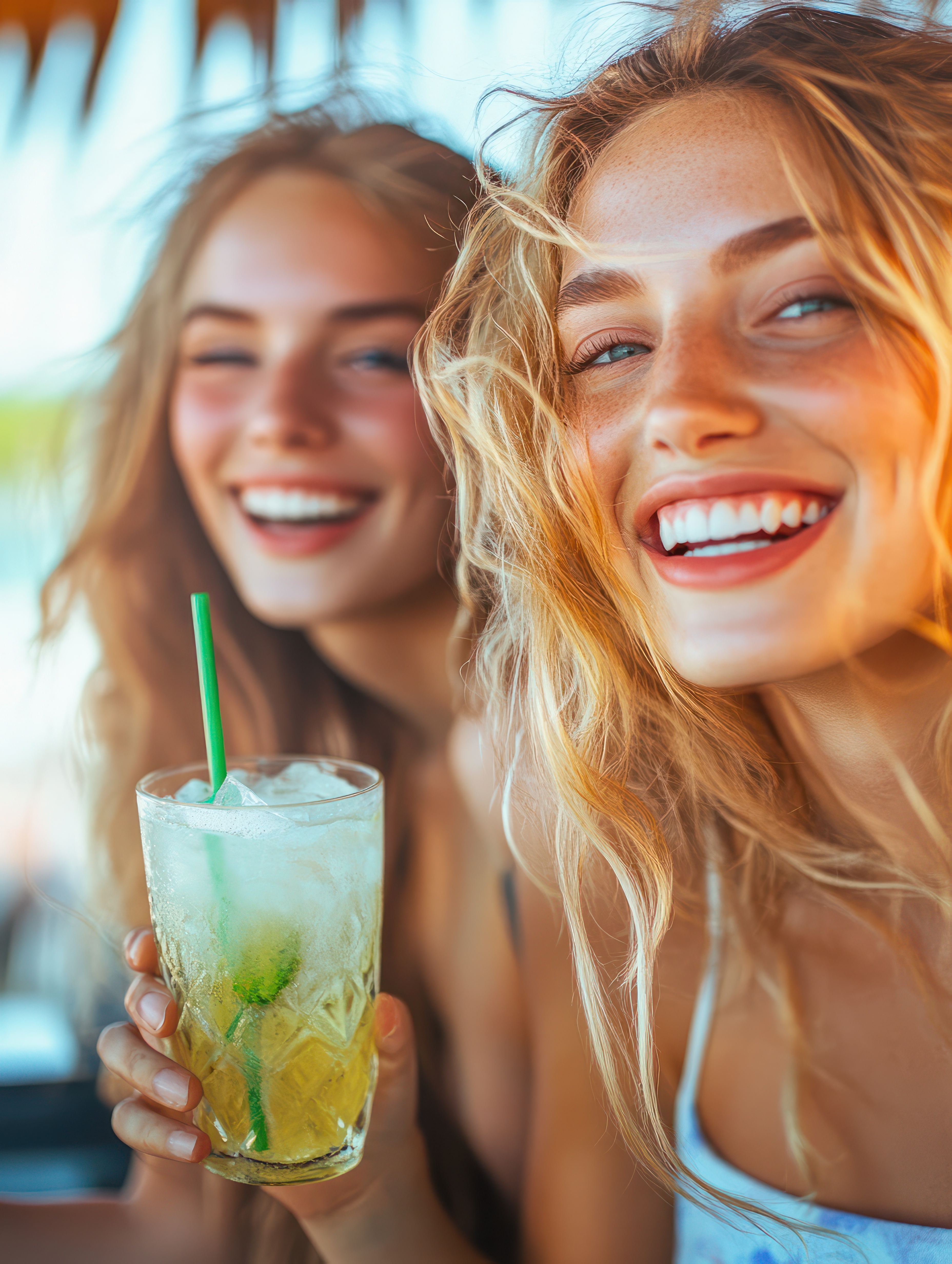 Zwei lächelnde Mädchen mit Cocktail in der Hand.